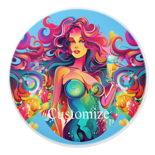 Rainbow-haired Mermaid With Cocktail  Ceramic Knob (Front)