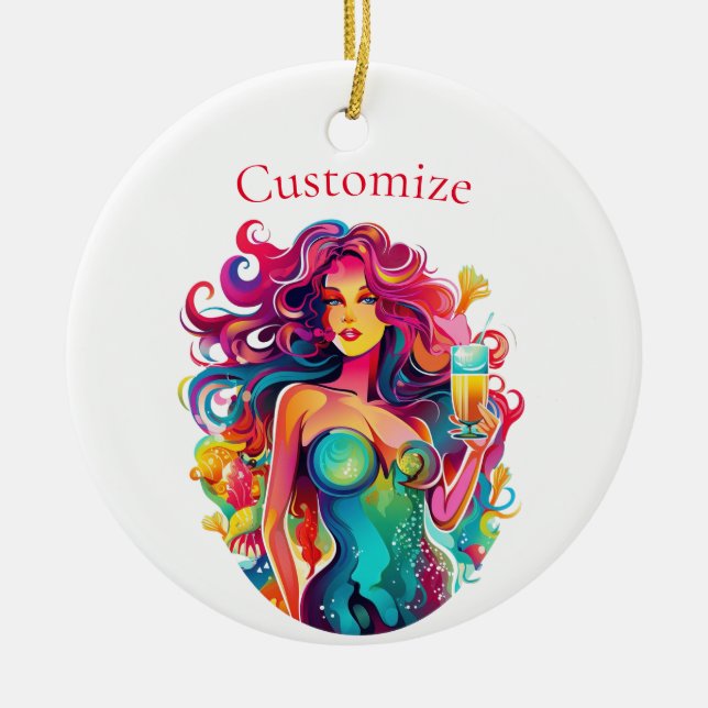 Rainbow-haired Mermaid With Cocktail  Ceramic Ornament (Front)