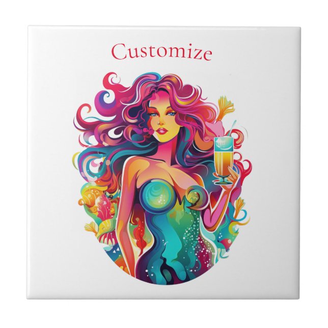 Rainbow-haired Mermaid With Cocktail  Ceramic Tile (Front)