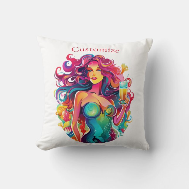 Rainbow-haired Mermaid With Cocktail  Cushion (Front)