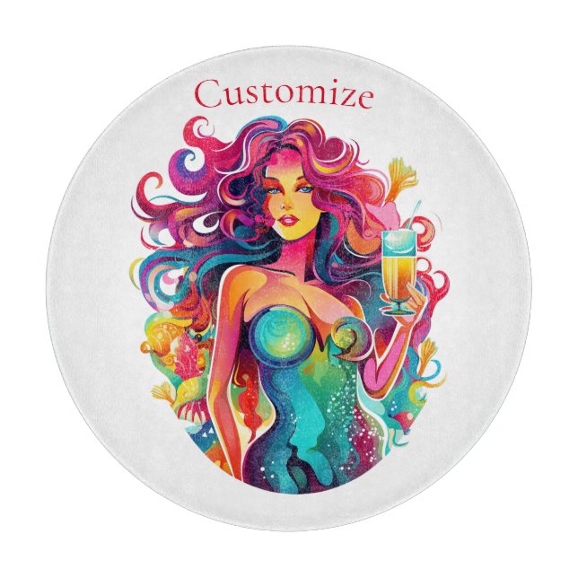 Rainbow-haired Mermaid With Cocktail  Cutting Board (Front)