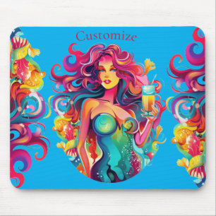 Rainbow-haired Mermaid With Cocktail Mouse Pad