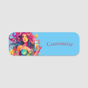 Rainbow-haired Mermaid With Cocktail  Name Tag