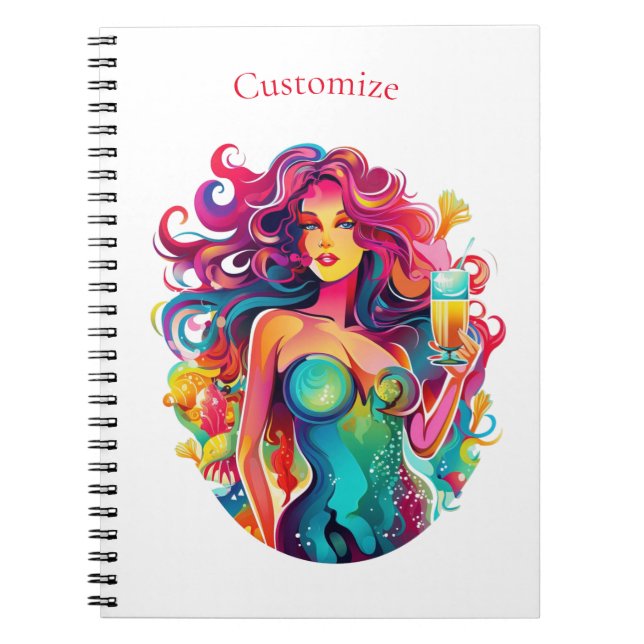 Rainbow-haired Mermaid With Cocktail  Notebook (Front)