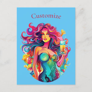 Rainbow-haired Mermaid With Cocktail Postcard