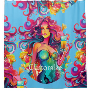 Rainbow-haired Mermaid With Cocktail Shower Curtain