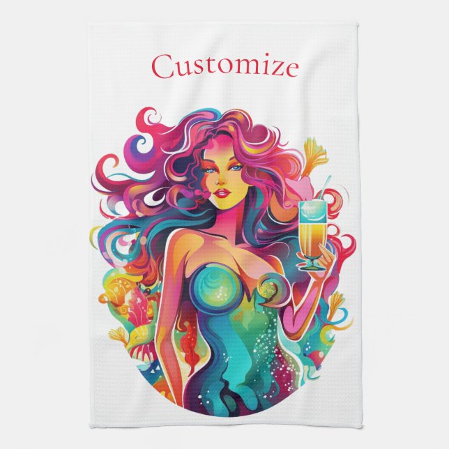 Rainbow-haired Mermaid With Cocktail  Tea Towel (Vertical)