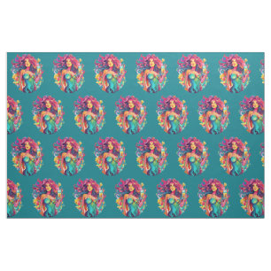 Rainbow-haired Mermaid With Cocktail Wall Fabric