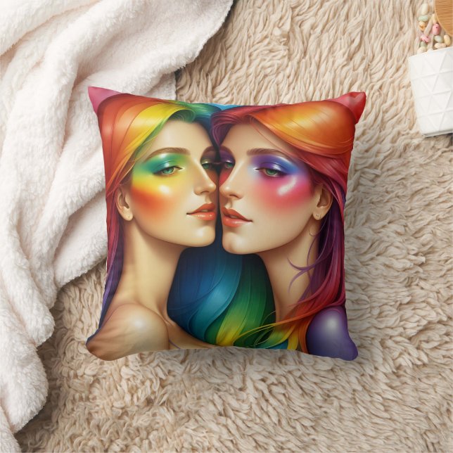 Rainbow Haired Women Embracing Colourful Beauty Cushion (Blanket)
