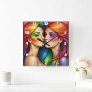 Rainbow Haired Women Embracing Colourful Beauty Square Wall Clock