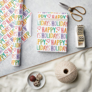 Rainbow Hand-Drawn Christmas HAPPY HOLIDAYS Wrapping Paper