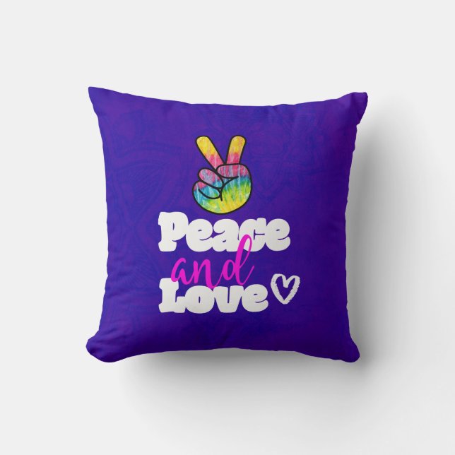 Rainbow Hand Peace Sign Peace and Love Typography Cushion (Front)