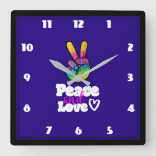 Rainbow Hand Peace Sign Peace and Love Typography Square Wall Clock