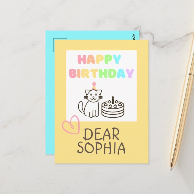 Rainbow Happy Birthday Cat Postcard (Front/Back In Situ)