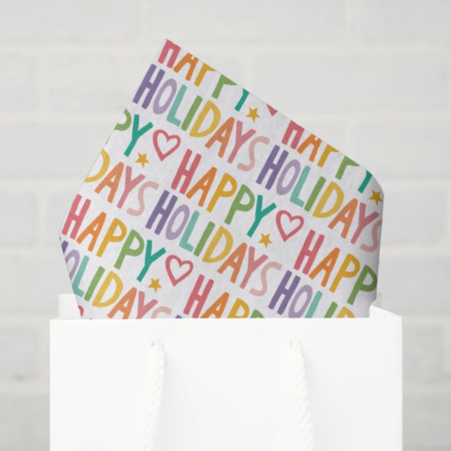 Rainbow HAPPY HOLIDAYS Hand-Drawn Christmas Cute Tissue Paper (Gift Bag)