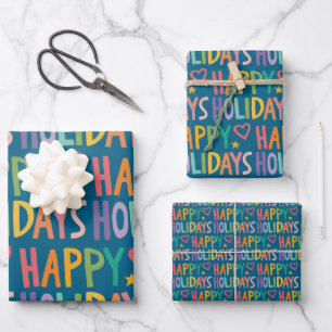 Rainbow HAPPY HOLIDAYS Hand-Drawn Christmas Set of Wrapping Paper Sheet