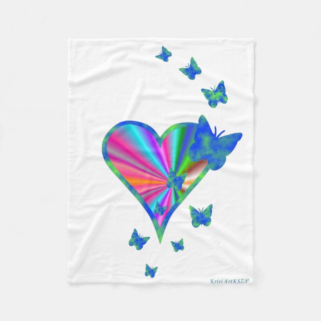 Rainbow Heart and Butterfly Fleece Blanket (Front)