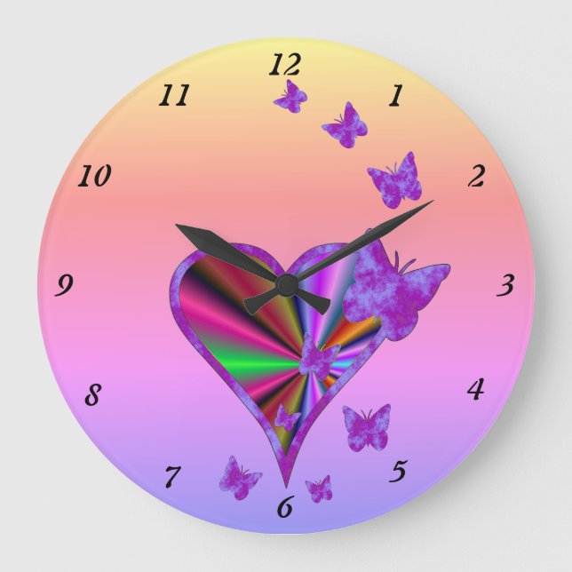 Rainbow Heart and Butterfly Large Clock (Front)
