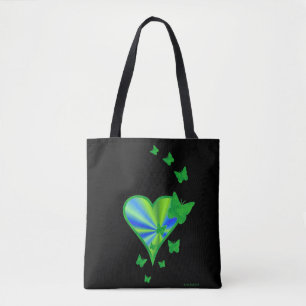 Rainbow heart and Butterfly on black Tote Bag