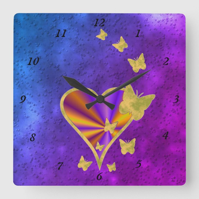 Rainbow Heart and Butterfly Square Wall Clock (Front)