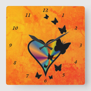 Rainbow Heart and Butterfly Square Wall Clock