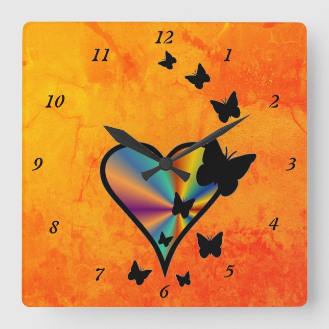 Rainbow Heart and Butterfly Square Wall Clock (Front)