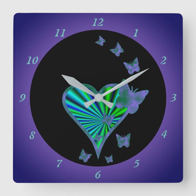 Rainbow Heart and Butterfly Square Wall Clock (Front)