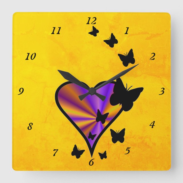 Rainbow Heart and Butterfly Square Wall Clock (Front)