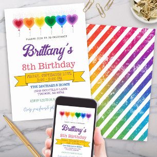 Rainbow Heart Balloons Girly Birthday Party Invitation