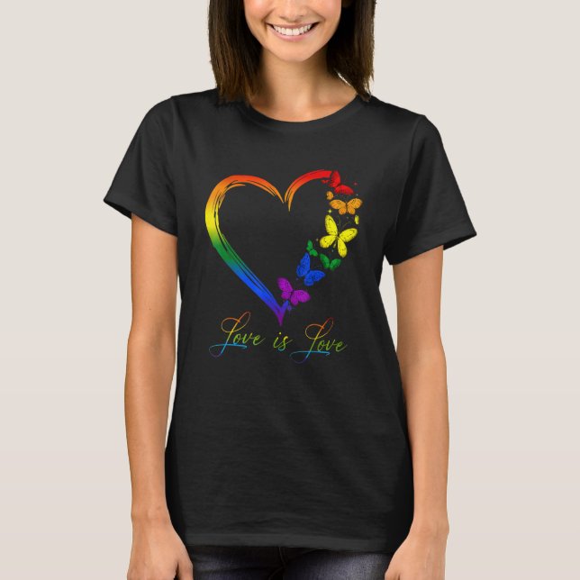 Rainbow Heart butterfly Love Is Love LGBT Gay Lesb T-Shirt (Front)