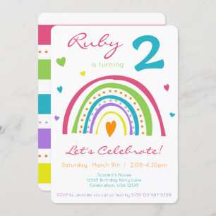 Rainbow & Heart Colourful Boho Little Girl Birthda Invitation