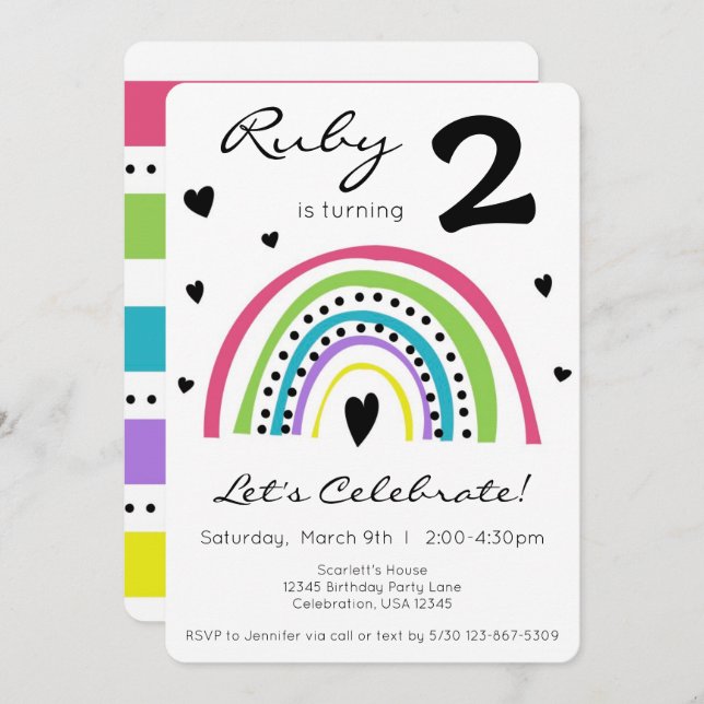 Rainbow & Heart Colourful Boho Little Girl Birthda Invitation (Front/Back)