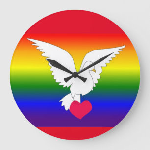 RAINBOW HEART DOVE LARGE CLOCK