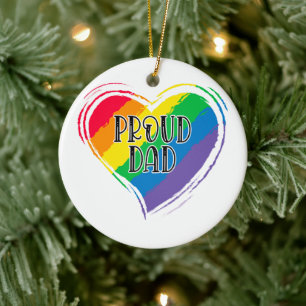 Rainbow Heart Flag Proud Dad LGBT Gay Pride Month Ceramic Ornament