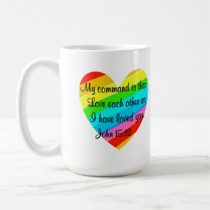 RAINBOW HEART JOHN 15:12 DESIGN COFFEE MUG