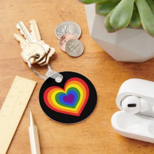 Rainbow Heart LGBTQ Pride on Black Key Ring
