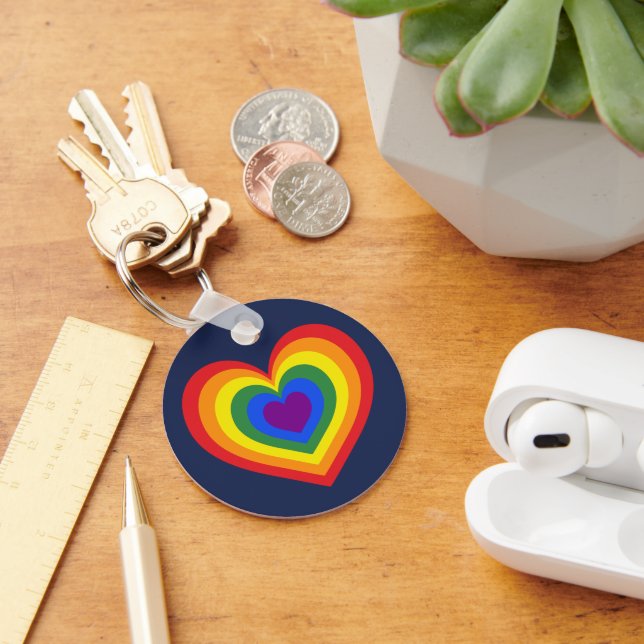 Rainbow Heart LGBTQ Pride on Navy Blue Key Ring (Desk)
