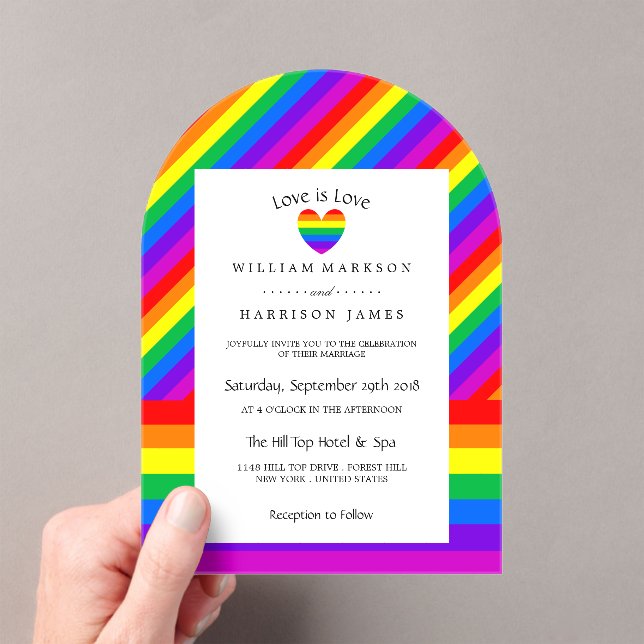 Rainbow Heart Love is Love Wedding Acrylic Invitations (Insitu (Handheld))