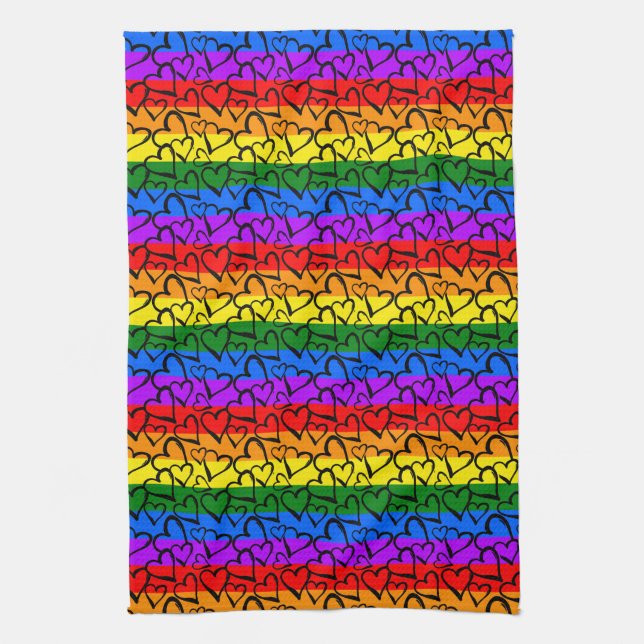 Rainbow Heart Pattern Tea Towel (Vertical)
