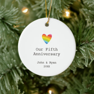 Rainbow Heart Personalised LGBT 5th Anniversary Ceramic Ornament