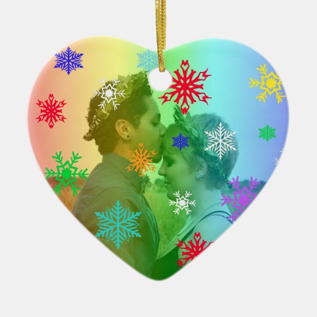 Rainbow Heart Photo Snowflakes Christmas LGBTQ Ceramic Ornament (Front)