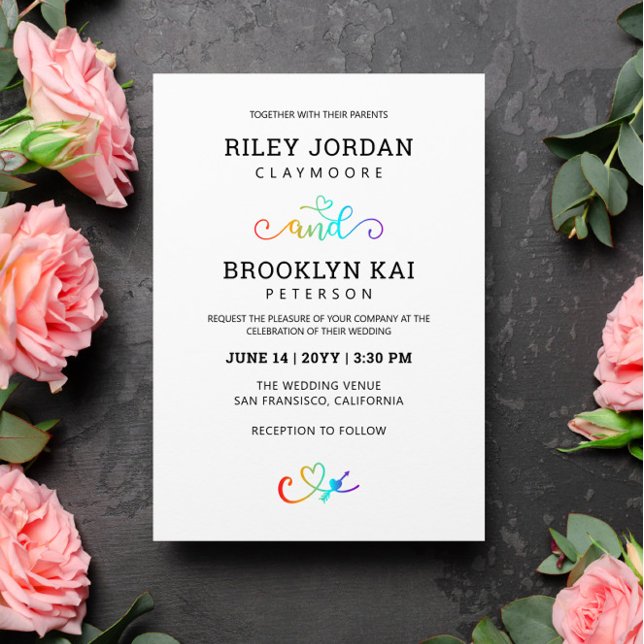 Rainbow Heart Script Cute LGBT Wedding Invitation (Creator Uploaded)