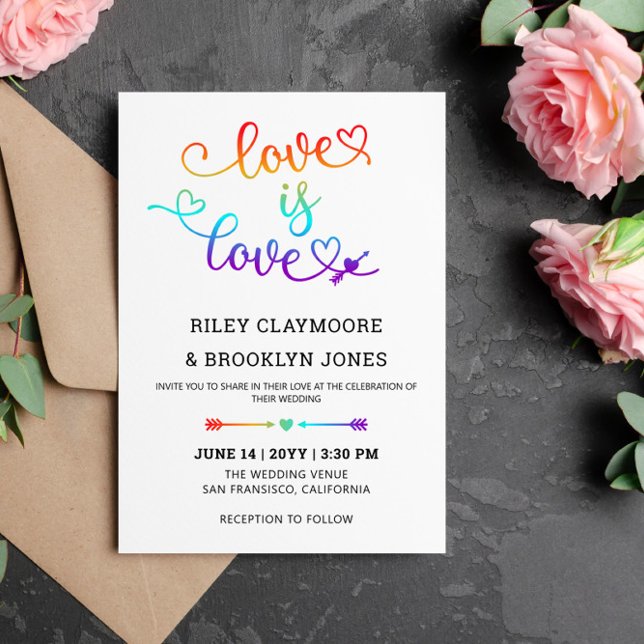 Rainbow Heart Script Love Is Love LGBT Wedding Invitation (Creator Uploaded)