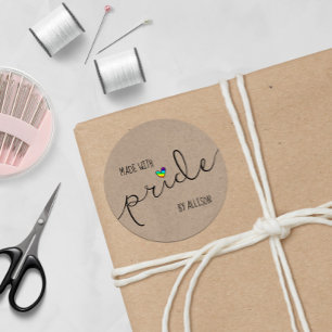 Rainbow Heart Script Typography Made With Pride Classic Round Sticker