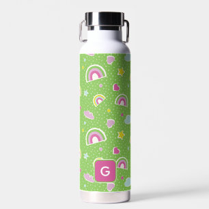 Rainbow Heart Stars Green Pink Kids Personalised  Water Bottle