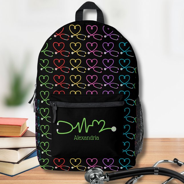 Rainbow Heart Stethoscope Monogram  Printed Backpack (Creator Uploaded)
