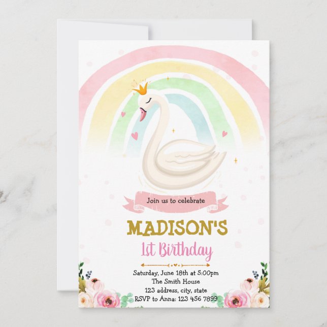 rainbow heart swan party invitation (Front)