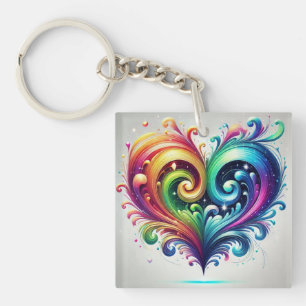 Rainbow Heart Swirling Bright Colours  Key Ring