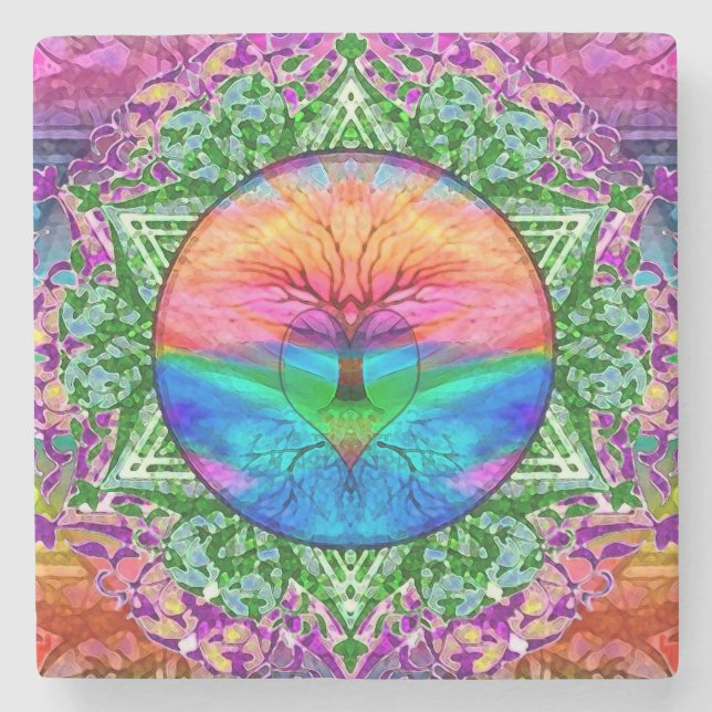 Rainbow Heart Tree Stone Coaster (Front)