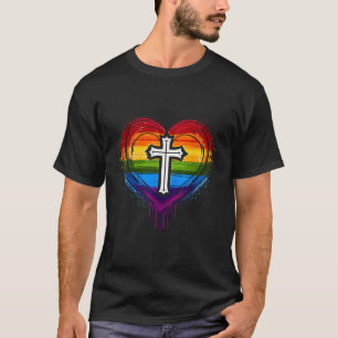 Rainbow Heart With Cross Christian Religious Gay P T-Shirt